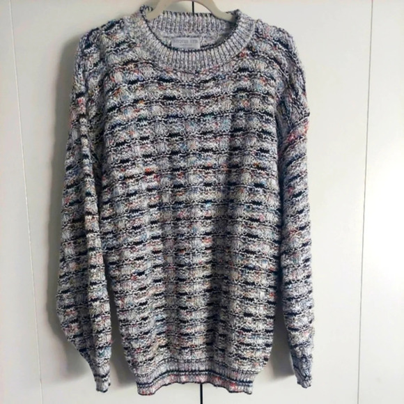 Vintage Grandpacore Multicolored chunky Knit sweater Large Puff Sleeves Retro - Picture 1 of 10